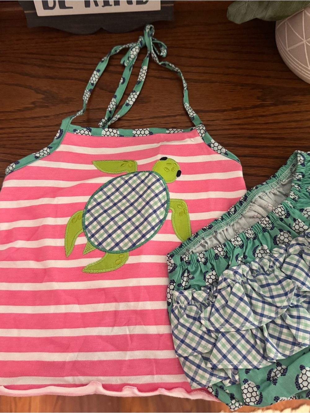 Ricrac & Ruffles Girls' Pink Stripe Turtle Halter Top and Ruffled Shorts Set NWT